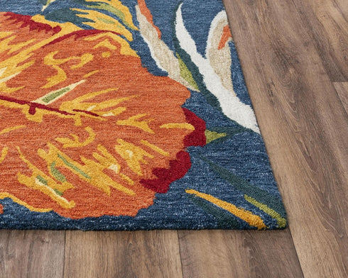 8' X 10' Dark Blue Red Orange Yellow And Green Floral Hand Tufted Area Rug