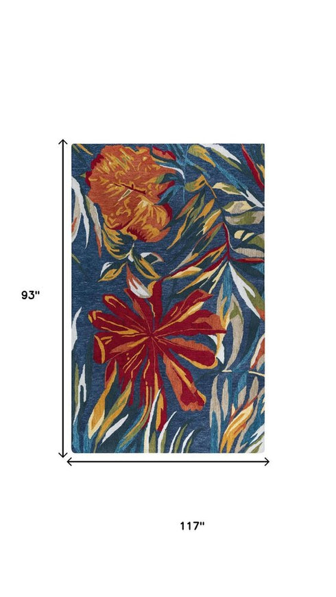 8' X 10' Dark Blue Red Orange Yellow And Green Floral Hand Tufted Area Rug
