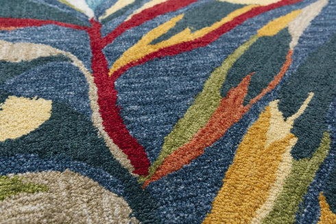 9' X 12' Dark Blue Red Orange Yellow And Green Floral Hand Tufted Area Rug