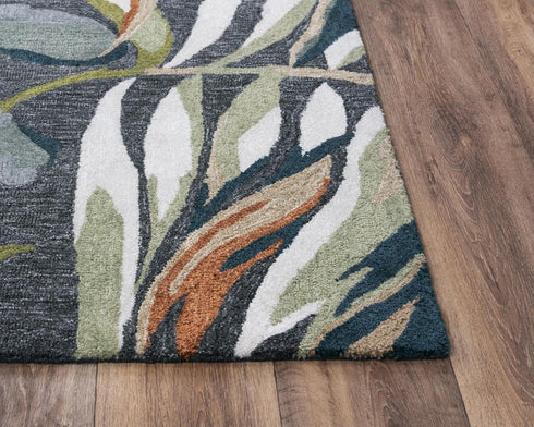 8' X 10' Charcoal Gray Green Orange Brown And Ivory Floral Hand Tufted Area Rug