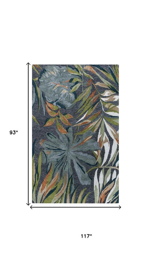 8' X 10' Charcoal Gray Green Orange Brown And Ivory Floral Hand Tufted Area Rug