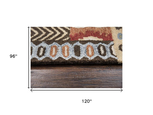 8' X 10' Red Blue Beige And Brown Wool Southwestern Hand Tufted Area Rug