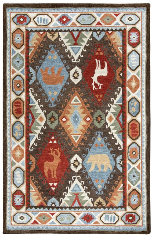 5' X 8' Brown Blue Beige And Red Wool Southwestern Hand Tufted Area Rug