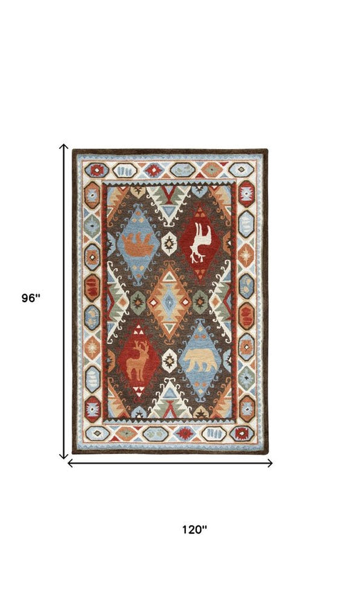 8' X 10' Brown Blue Beige And Red Wool Southwestern Hand Tufted Area Rug