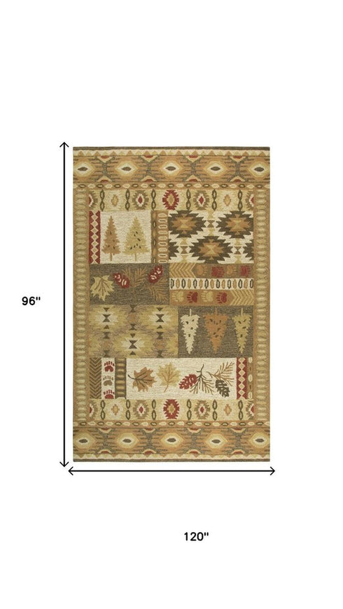 8' X 10' Brown Green Beige And Red Wool Southwestern Hand Tufted Area Rug