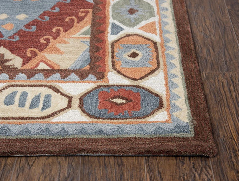 5' X 8' Red Blue Beige And Brown Wool Southwestern Hand Tufted Area Rug