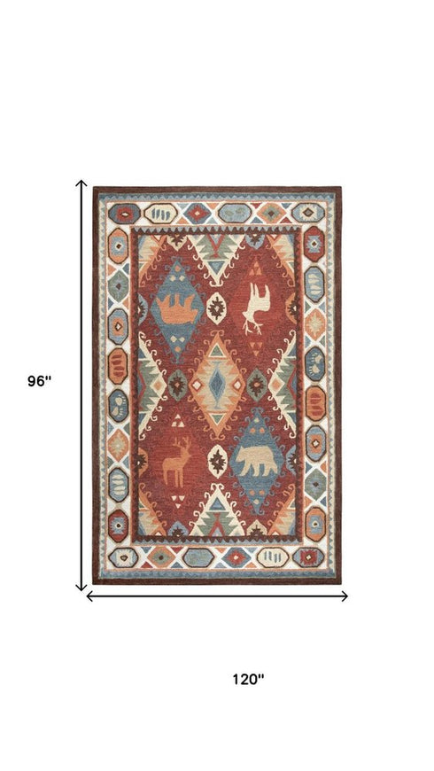 8' X 10' Red Blue Beige And Brown Wool Southwestern Hand Tufted Area Rug