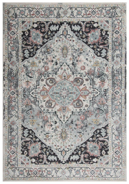 8' X 10' Gray Black Ivory And Light Blue Oriental Area Rug