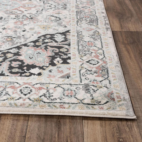 8' X 10' Gray Black Ivory And Light Blue Oriental Area Rug