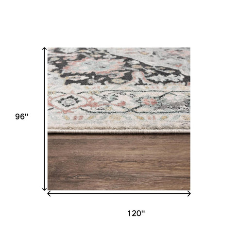 8' X 10' Gray Black Ivory And Light Blue Oriental Area Rug