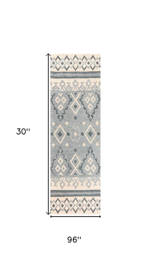 8' Natural Beige Gray And Dark Gray Wool Geometric Hand Tufted Area Rug