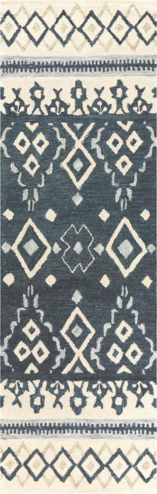 8' Gray Dark Blue And Blue Wool Geometric Hand Tufted Area Rug