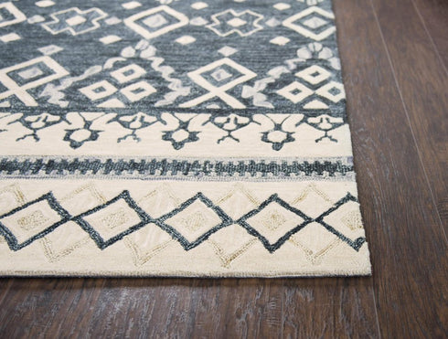 8' Gray Dark Blue And Blue Wool Geometric Hand Tufted Area Rug