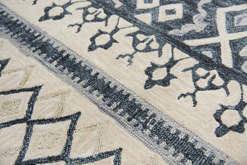 8' Gray Dark Blue And Blue Wool Geometric Hand Tufted Area Rug