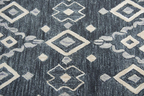 8' Gray Dark Blue And Blue Wool Geometric Hand Tufted Area Rug