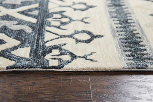 8' Gray Dark Blue And Blue Wool Geometric Hand Tufted Area Rug
