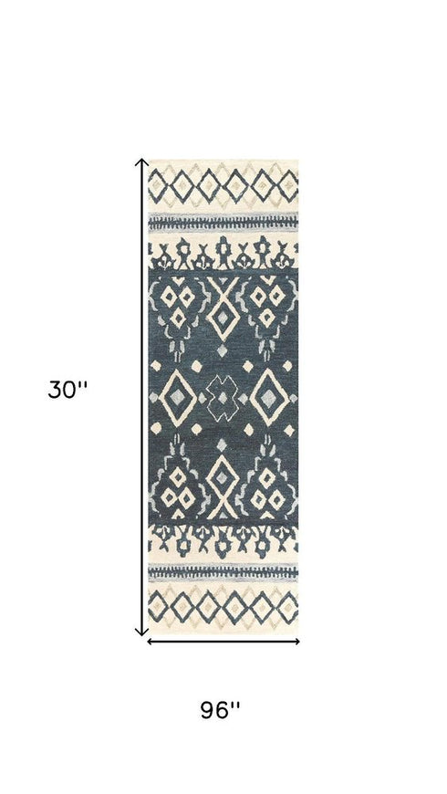 8' Gray Dark Blue And Blue Wool Geometric Hand Tufted Area Rug