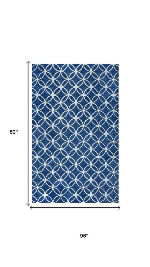 5' X 8' Blue And Ivory Wool Geometric Hand Tufted Area Rug