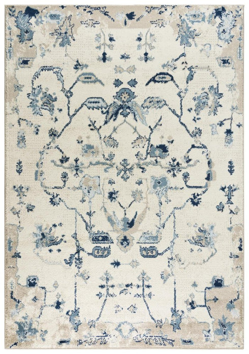 8' X 10' Blue Dark Blue Light Blue Beige And Ivory Floral Area Rug