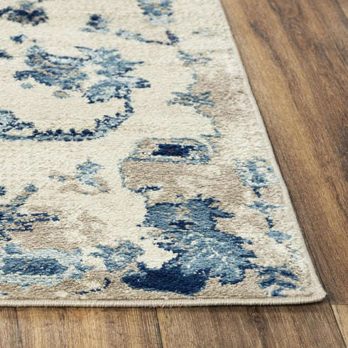 8' X 10' Blue Dark Blue Light Blue Beige And Ivory Floral Area Rug