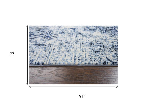 8' Ivory Blue And Dark Blue Oriental Area Rug