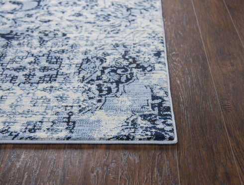 7' X 10' Ivory Blue And Dark Blue Oriental Area Rug
