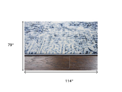 7' X 10' Ivory Blue And Dark Blue Oriental Area Rug