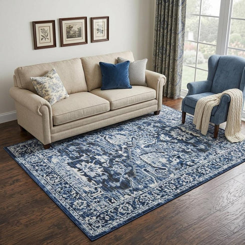 5' X 8' Blue Ivory And Dark Blue Oriental Area Rug