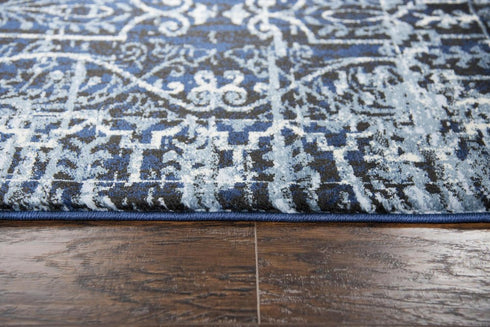 5' X 8' Blue Ivory Light Blue And Black Trellis Area Rug