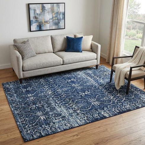 5' X 8' Blue Ivory Light Blue And Black Trellis Area Rug