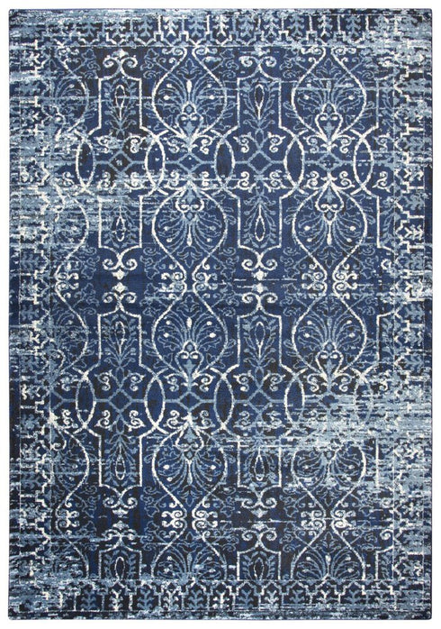 7' X 10' Blue Ivory Light Blue And Black Trellis Area Rug