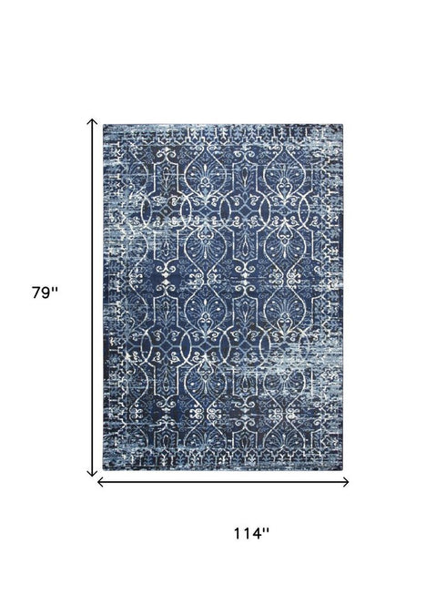 7' X 10' Blue Ivory Light Blue And Black Trellis Area Rug