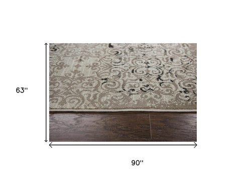5' X 8' Beige Taupe Gray And Black Oriental Area Rug