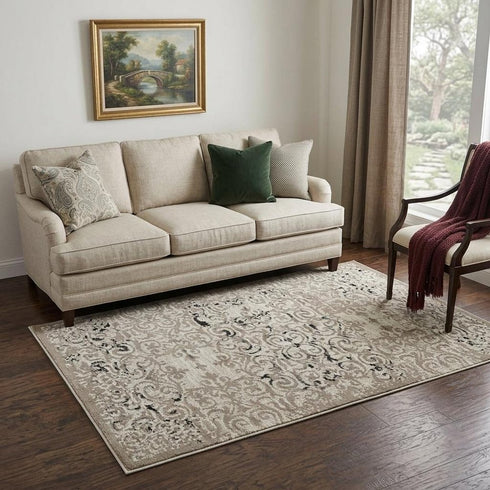 5' X 8' Beige Taupe Gray And Black Oriental Area Rug