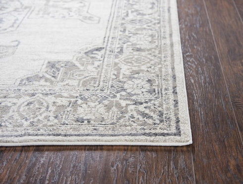 7' X 10' Natural Beige Gray And Dark Gray Medallion Area Rug