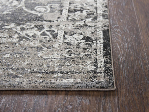8' Taupe Gray Ivory Black And Beige Medallion Area Rug