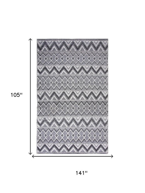 9' X 12' Gray Black And Ivory Chevron Hand Woven Area Rug With UV Protection