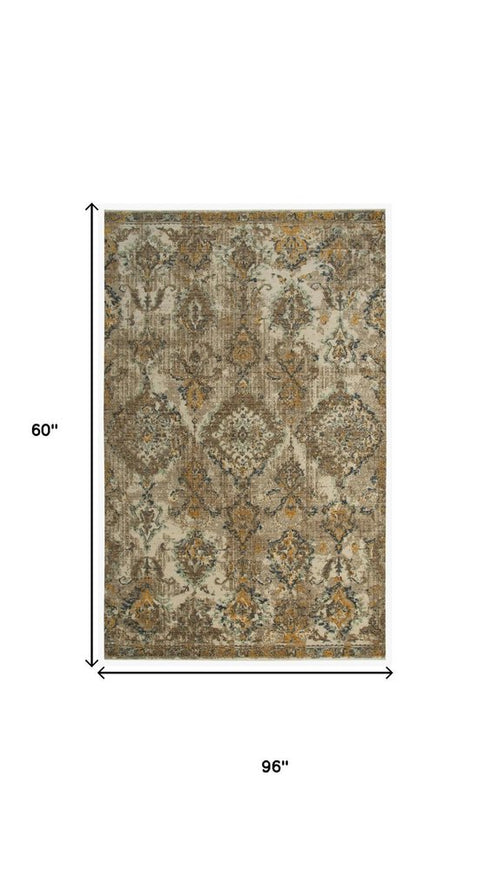 5' X 8' Beige Brown Ivory And Green Wool Oriental Hand Carved Handmade Area Rug