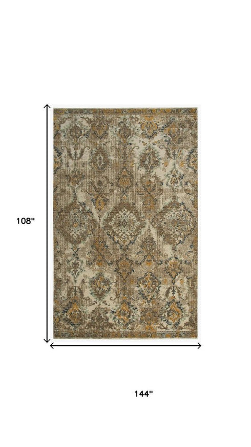 9' X 12' Beige Brown Ivory And Green Wool Oriental Hand Carved Handmade Area Rug