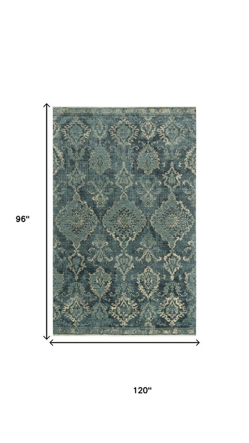 8' X 10' Blue Beige And Ivory Wool Oriental Hand Carved Handmade Area Rug