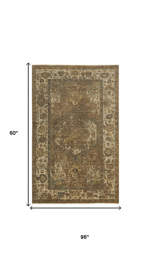5' X 8' Brown Beige Ivory And Green Wool Oriental Hand Carved Handmade Area Rug