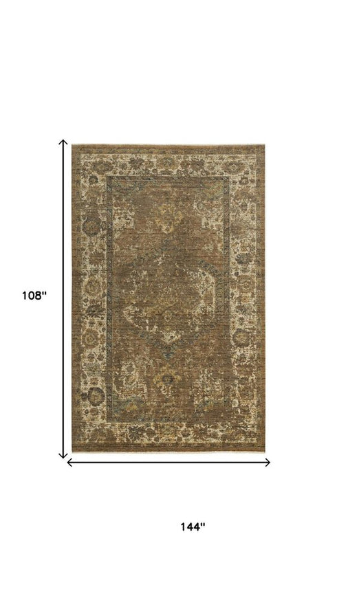 9' X 12' Brown Beige Ivory And Green Wool Oriental Hand Carved Handmade Area Rug