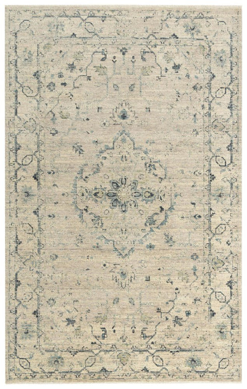 5' X 8' Beige Green Ivory And Blue Wool Medallion Hand Carved Handmade Area Rug