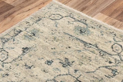 5' X 8' Beige Green Ivory And Blue Wool Medallion Hand Carved Handmade Area Rug