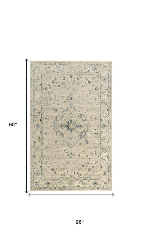 5' X 8' Beige Green Ivory And Blue Wool Medallion Hand Carved Handmade Area Rug