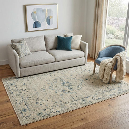5' X 8' Beige Green Ivory And Blue Wool Medallion Hand Carved Handmade Area Rug