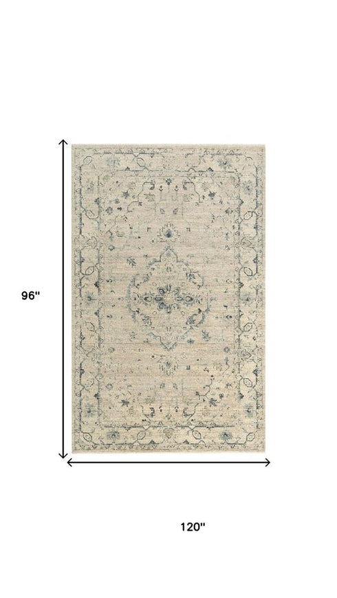 8' X 10' Beige Green Ivory And Blue Wool Medallion Hand Carved Handmade Area Rug