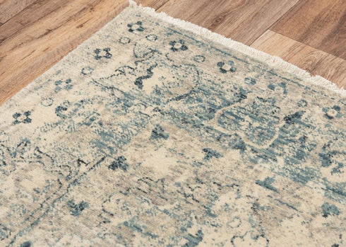 5' X 8' Beige Blue And Ivory Wool Oriental Hand Carved Handmade Area Rug