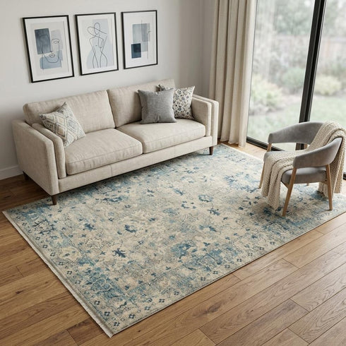 5' X 8' Beige Blue And Ivory Wool Oriental Hand Carved Handmade Area Rug