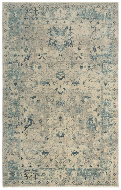 8' X 10' Beige Blue And Ivory Wool Oriental Hand Carved Handmade Area Rug